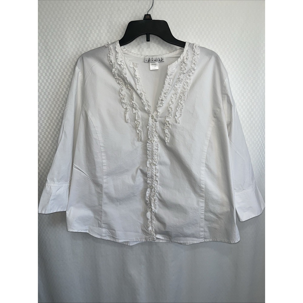 Tiramisu Women's White Ruffle Trim Button Down LS 1X Blouse  V-Neck Office Chic
